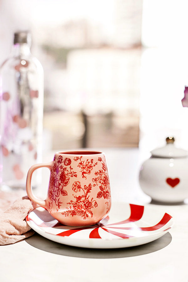 CANECA EM CERÂMICA ROSA - FLORAL VERMELHO- 290ML