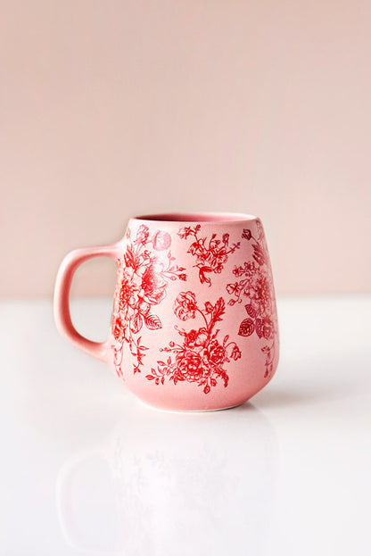 CANECA EM CERÂMICA ROSA - FLORAL VERMELHO- 290ML